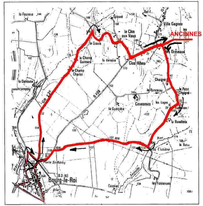 Map showing walking circuit around Ancinnes and Bourg le Roi